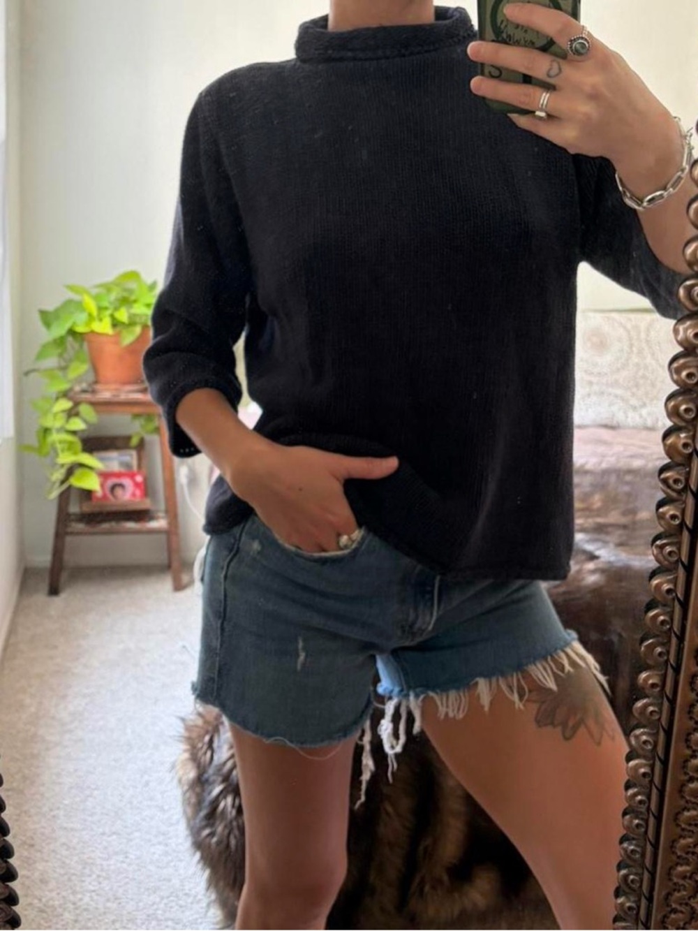 Casual vintage blue Knit Pullover mock neck Sweater